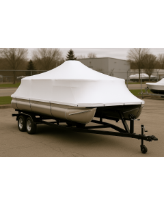 Pontoon Universal Boat protected with white shrink wrap cover for storage and transport on trailer
