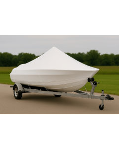 V Hull or Universal Boat protected with white shrink wrap cover for storage and transport on trailer