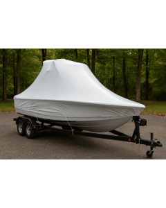 Wake Tower Wide Bow Boat protected with white shrink wrap cover for storage and transport on trailer